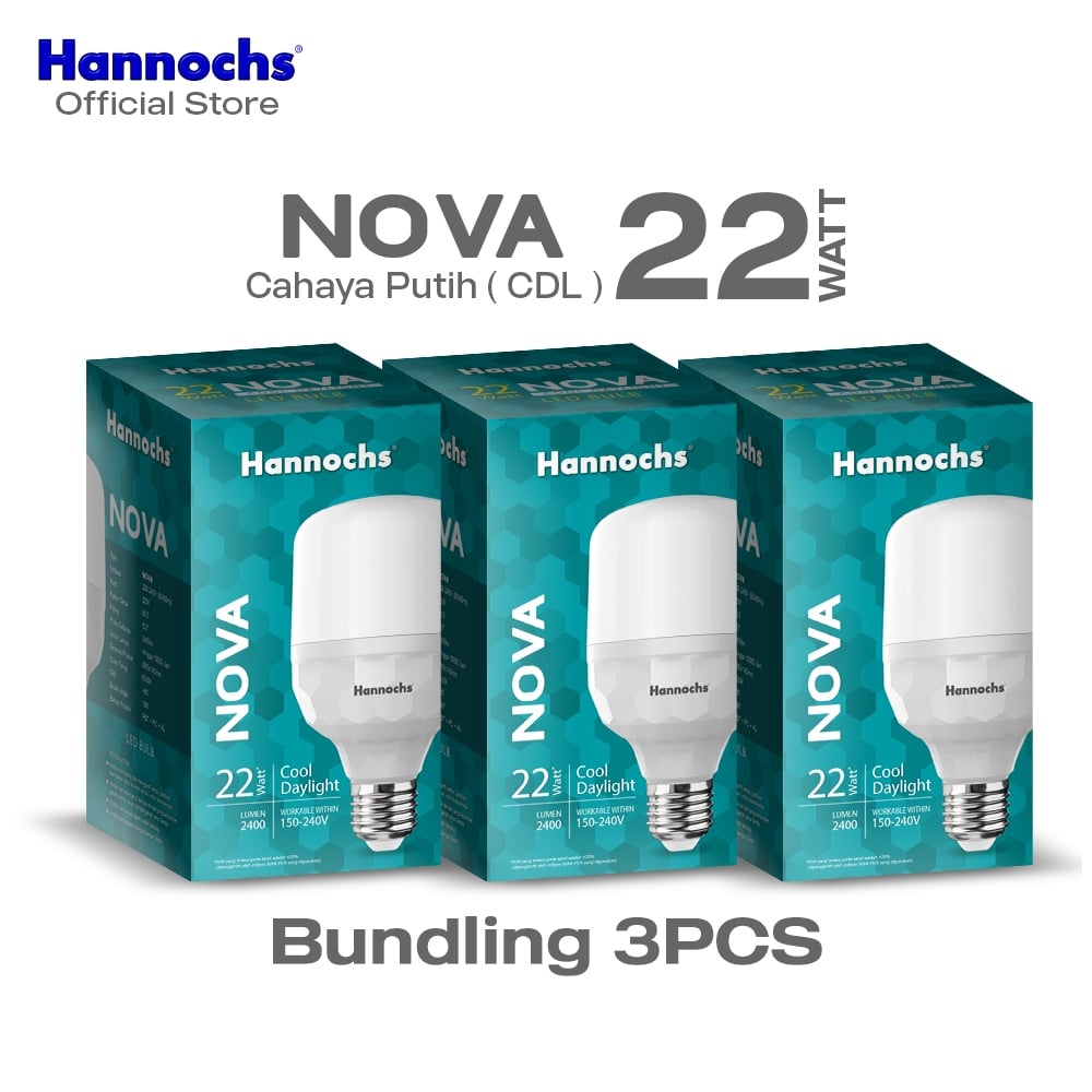 Hannochs Lampu Bohlam LED Nova 22W Cahaya Putih Paket isi 3pcs